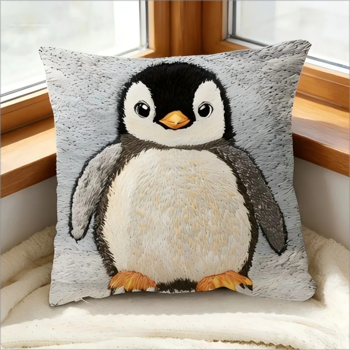 Cute Baby Penguin Pillow Cover 2D Faux Print Adorable Arctic Animal Cushion Case for Sofa Bed Couch Cozy Kids Nursery Home