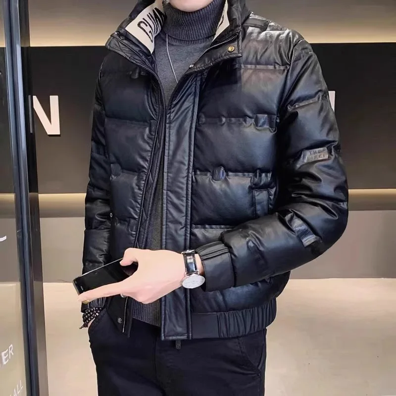 

Мужская теплая куртка с воротником-стойкой из искусственной кожи, повседневная, модная, приталенная, для отдыха, белая, с тонким пуховым наполнителем