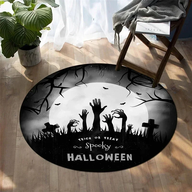 Happy Halloween Round Carpet Castle Bat Print Area Rug for Living Room Bedroom Chair Non Slip Horror Theme Floor Mats Yoga Mat