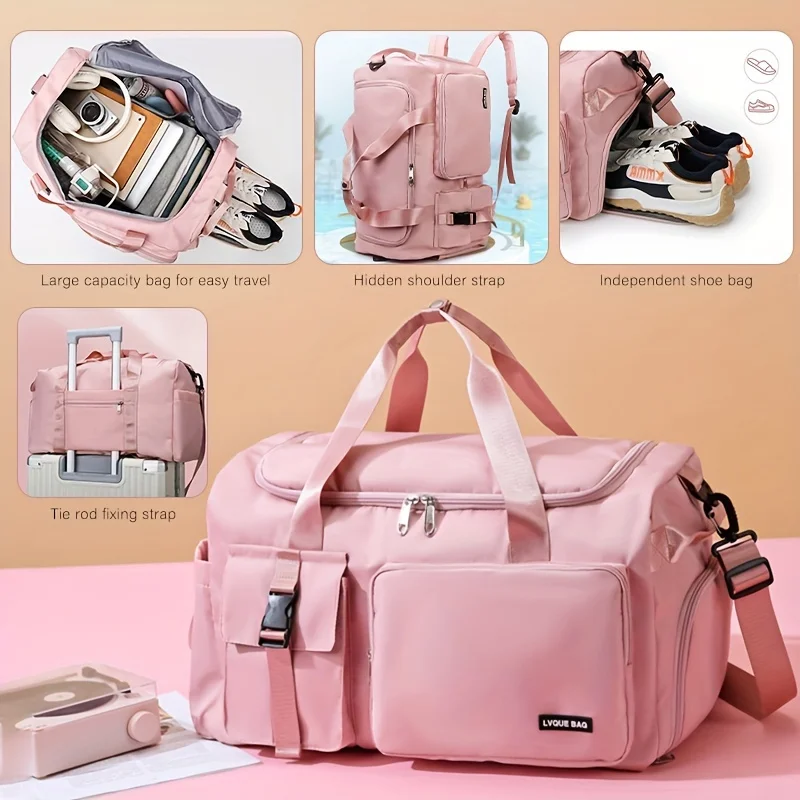 

Multifunctional Women's Travel and Fitness Bag - Stylish Pink, Large Capacity, Separate Footwear Compartment