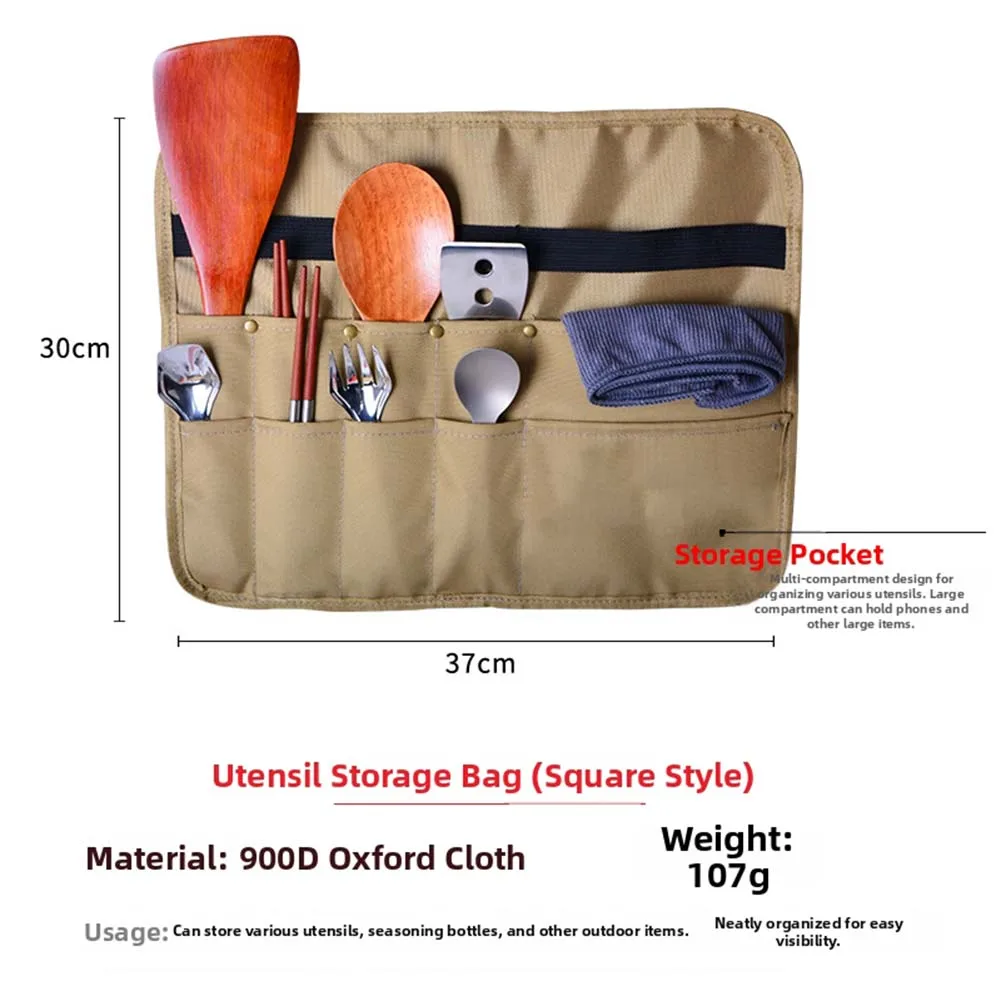 Portable roll up outdoor picnic tableware storage bag 900D Oxford cloth with mesh pockets multiple compartments for camping