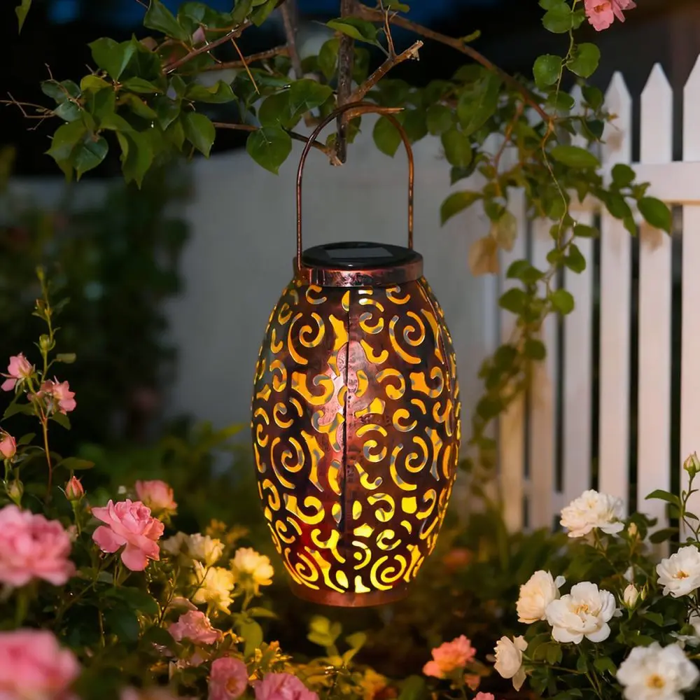 Solar Garden Lantern Outdoor Decorative Iron Lamp Hollow Projection Light Retro Style Hanging Light For Patio Yard Lawn Decor