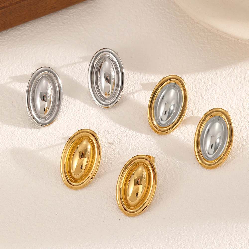 الحد الأدنى الفولاذ المقاوم للصدأ البيضاوي PVD مطلي الذهب مختلط اللون أقراط المرأة اليومية للماء مجوهرات اكسسوارات #2