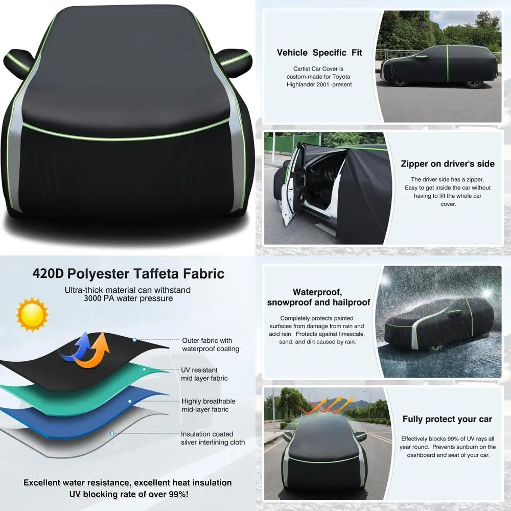

All-Weather Outdoor Car Cover for Toyota Highlander 2001-2026, Universal Fit, Heavy Duty Protection Accessories