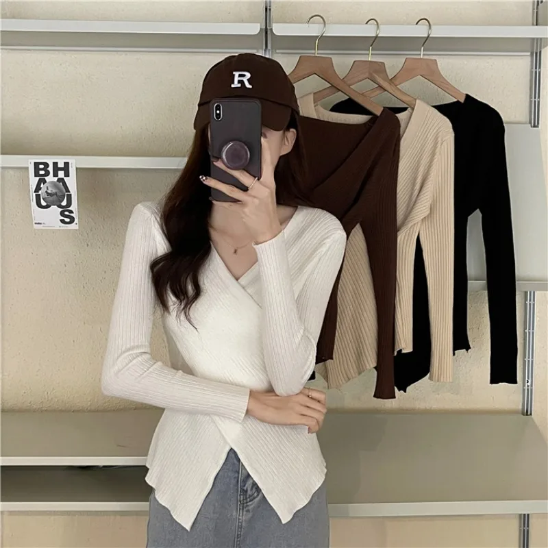 Kobiety Ladies Autumn Winter Slim Knitted Knitwear Knit V Neck Tops Long Sleeve Shirt Blouse Baju Baju Wanita Lengan Panjang