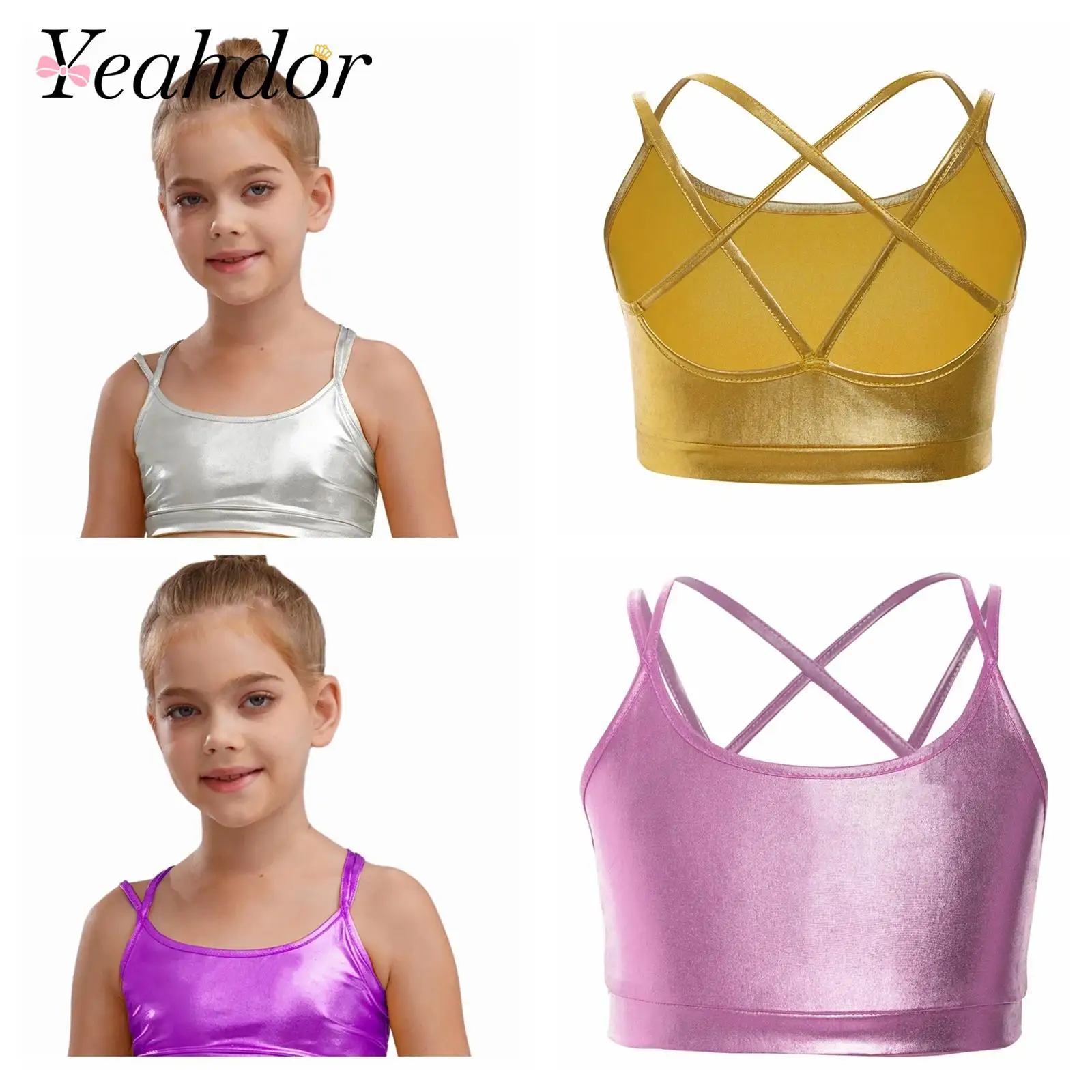 

Girls Shiny Camis Tops Kids S Metallic Camisole Crisscross Strappy Crop Top Children's Dance Figure Skating Performance Clothes