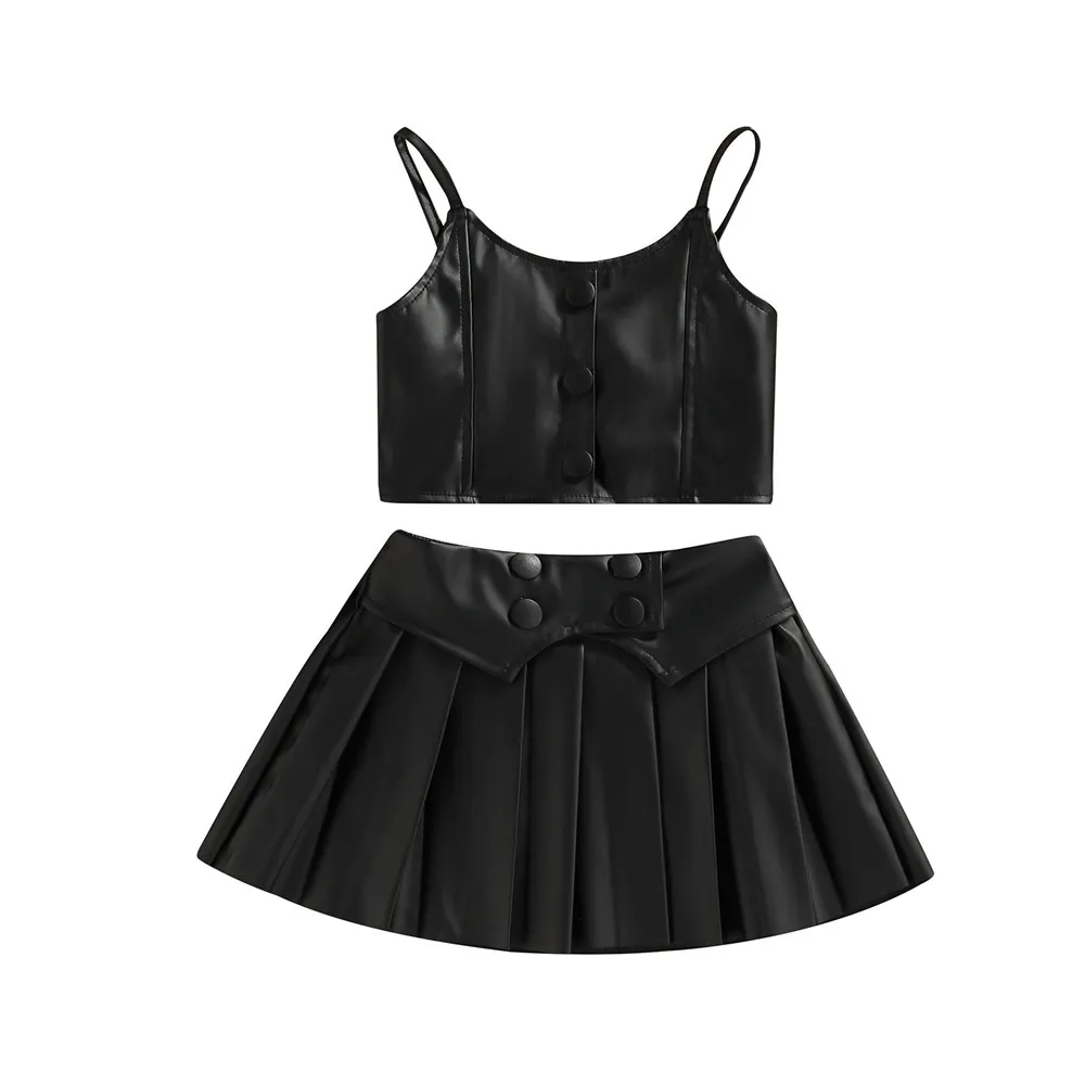 Kids Infant Baby Girls Leather Clothes Casual Suit, Solid Color Sleeveless Sling Tops+Button Pleated Short Skirt, Black 1-6T