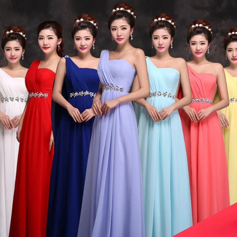 Custom Made Size Color CRYSTAL Chiffon Bridesmaid Dresses White Red Royal Blue Long Robe One Shoulder Party Dress For Women