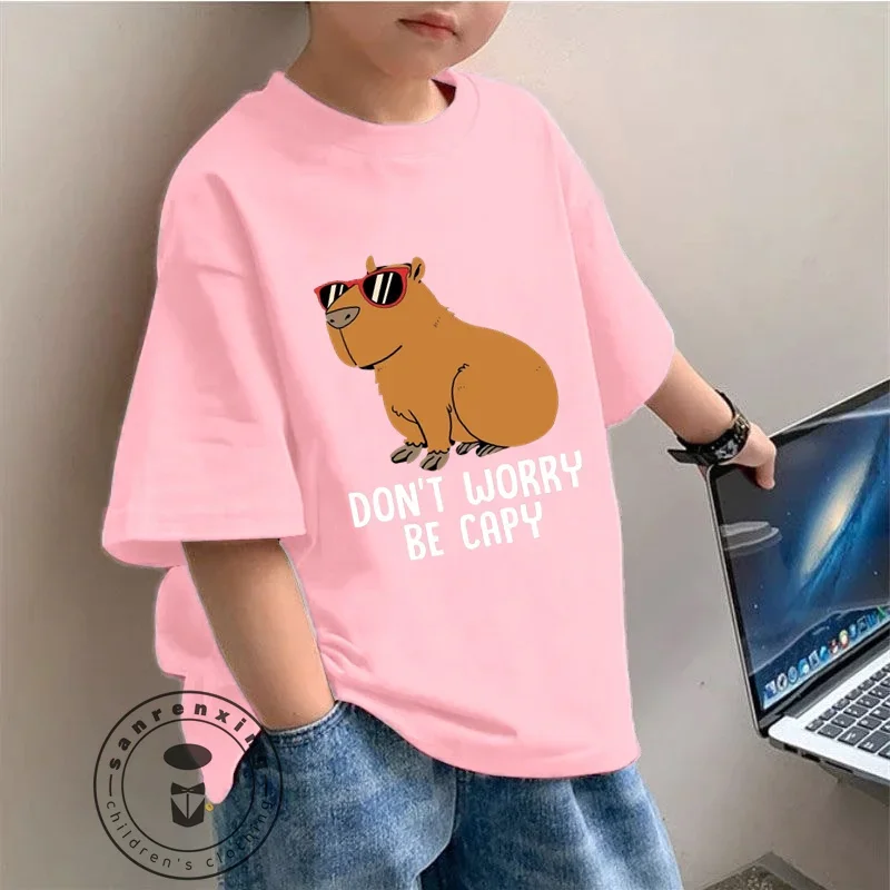 

Dive into Fun Adorable Capybara Themed Cartoon Printing Children Short Sleeve T-shirt Perfect for Playful Days School Adventures