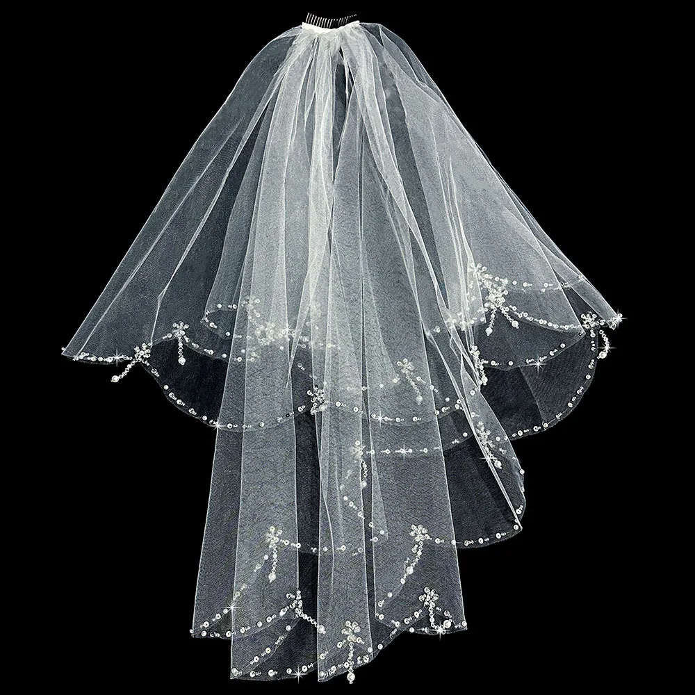 High Quality Wedding Veil Short Bridal Veil with Beading Pearls Lovely Short Ivory Wedding Veil with Comb