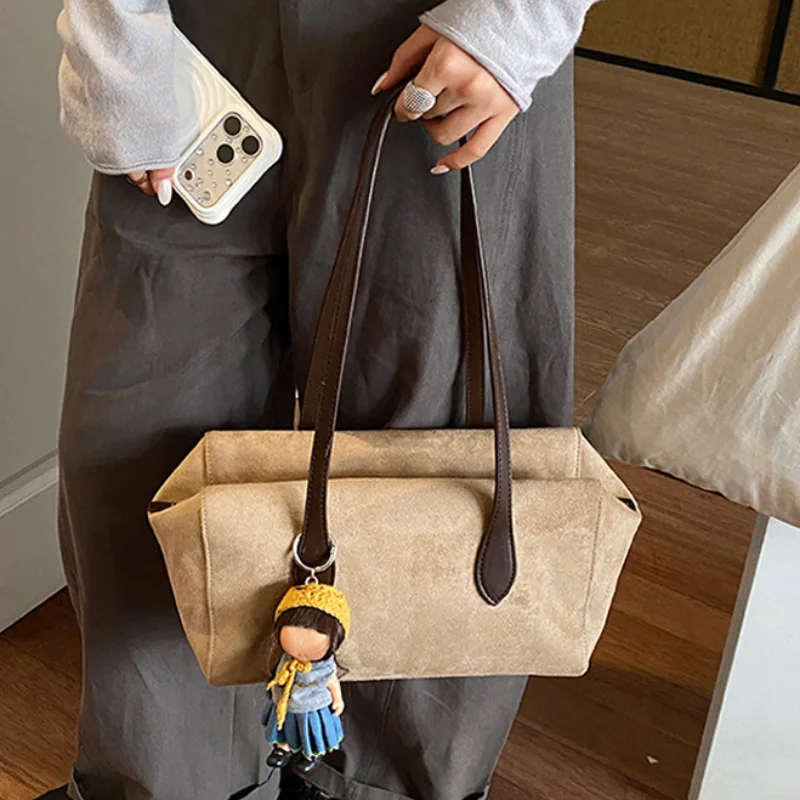 Vintage Suede Tote Bag For Women Large Capacity Shoulder Bag Simple Solid Color Underarm Bag Casual Commuter Handbag