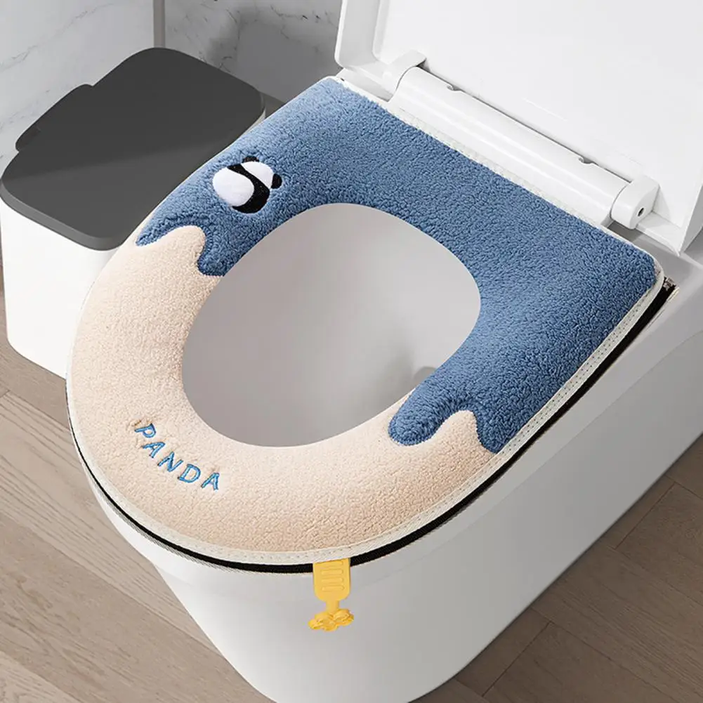 Soft Warm Toilet Seat Cover Panda Pattern Embroidery Button Design Thickened Anti-slip Soft Bathroom Washable Toilet Cushion