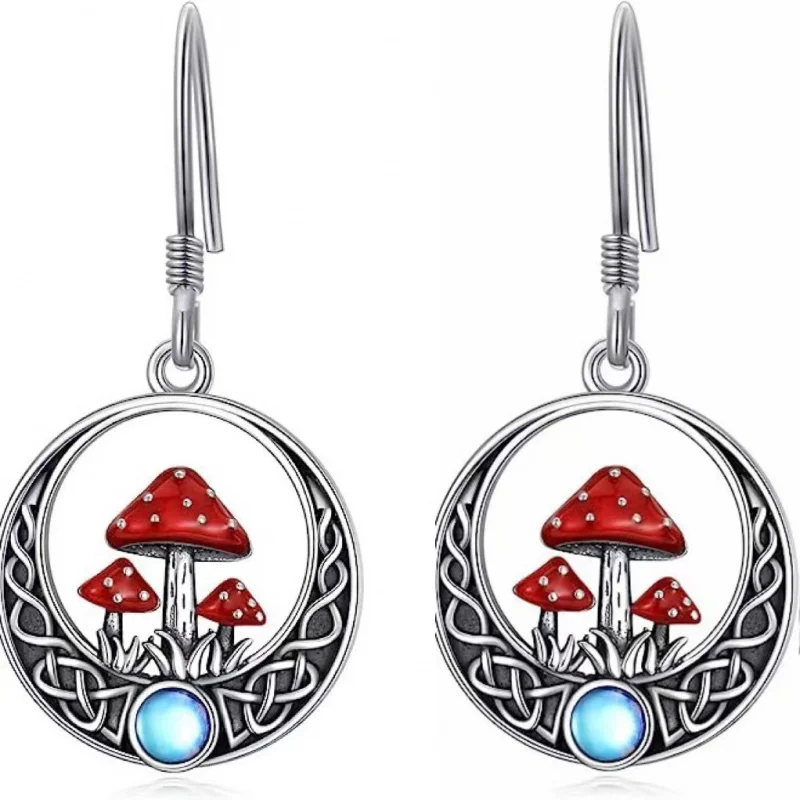 European Vintage Red Mushroom Moonstone Round Earrings Lady Fashion Wholesale