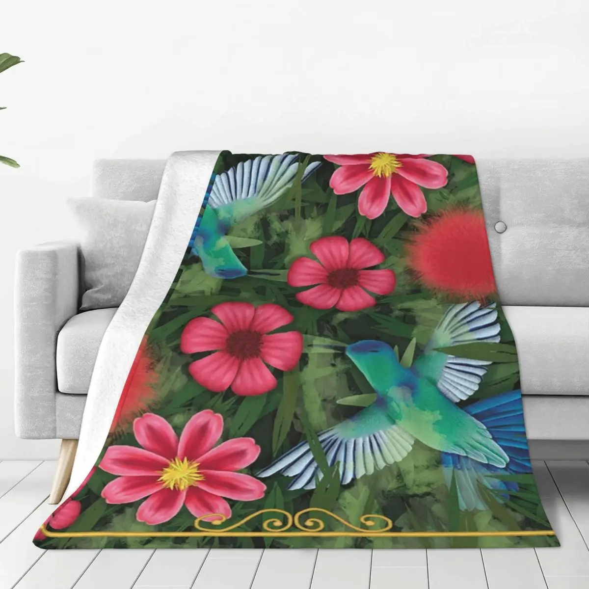 Hummingbird And Pink Flowers Blankets Flannel Multi-function Sofa Throw Blankets For Couch Bedding Travel Throws Bedspread Quilt