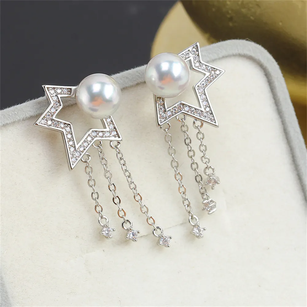 S925 Silver Needle Half Five-pointed Star Tassel Pearl 14K Bag Gold Stud Earrings Empty Support DIY Accessories Temperament