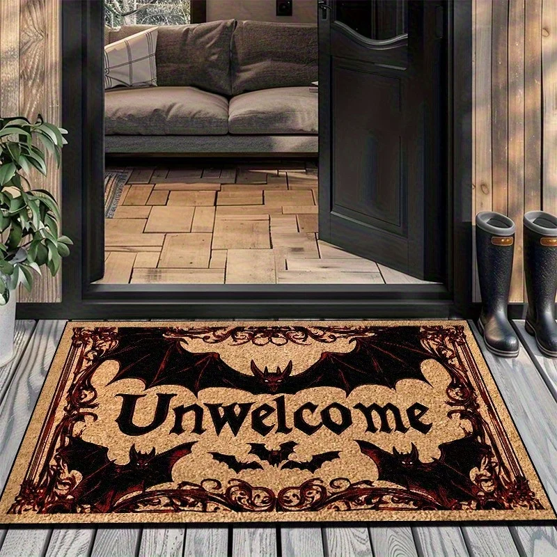 Dark Gothic Bat Unwelcome Flannel Doormat Victorian Ornate Anti Slip Front Door Mat Spooky Halloween Home Entrance Decoration