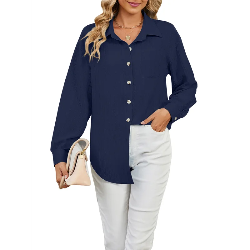 สตรีปุ่มลงเสื้อแขนยาว Textured Collared Work เสื้อ Dressy เสื้อลําลองพร้อมกระเป๋า