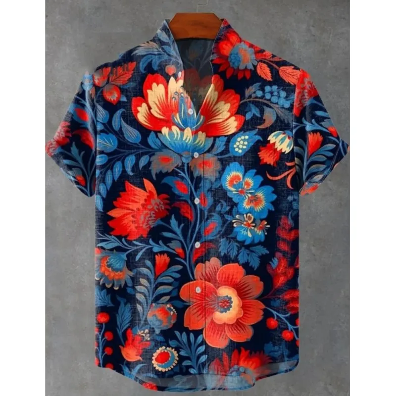 2025 Men's Summer Short-sleeved Shirt New Floral Pattern Printed Linen Shirts Popular Street Fashion Shirt Ropa Y2k Barata