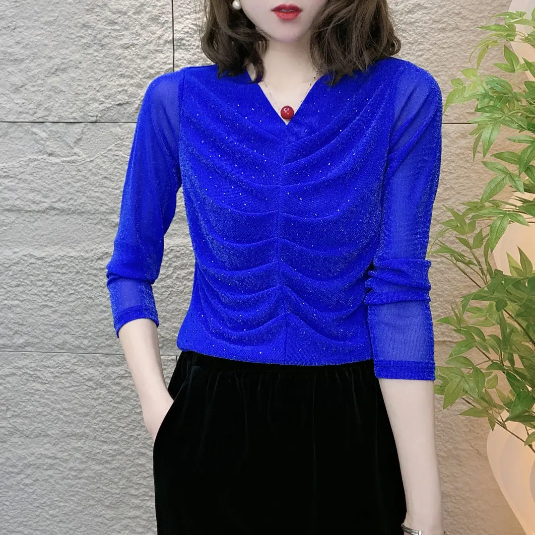 Spring 2025 New Fashion Long Sleeve V-Neck Elastic Mesh Gathered Drill Mommy Style Top Women's T-Shirt Elegant Casual Wear
