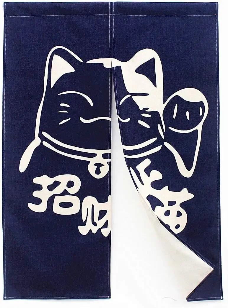 Maneki Neko Lucky Cat Noren - Japanese Fortune Door Curtain, Gold & Red Feng Shui Tapestry for Home & Shop Entrance