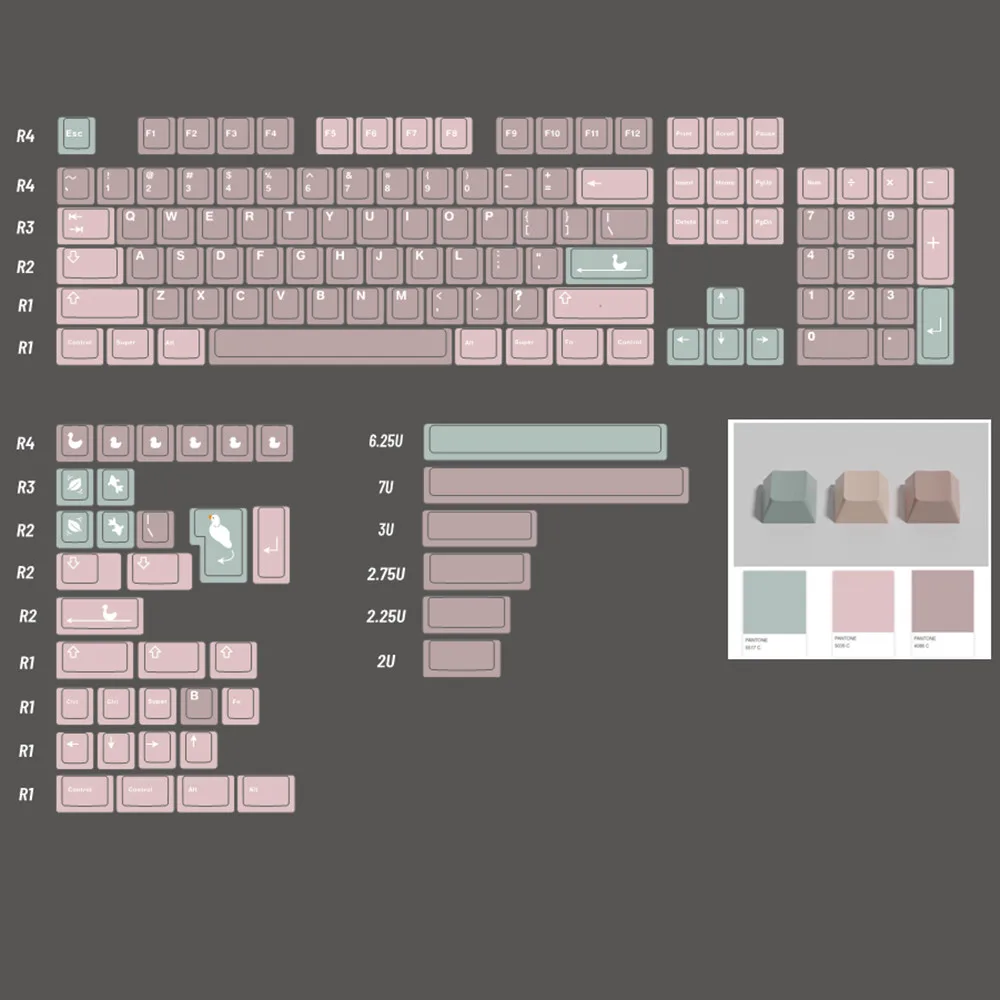 하트 워터 덕 체리 프로파일 PBT 키캡, 염료, 서브 베드, 오리지널 디자인, ISO 입력, GH60, GK61, GK64, 68, 75, 84, 96, 980, 104 키보드용