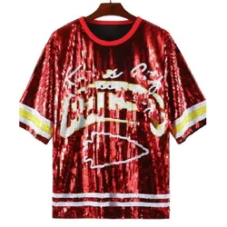 CHIC New European American Girls Street Wear Football Game Women Sequined T-shirt Top Jersey Casual Long Tee Dress Drop Shipping