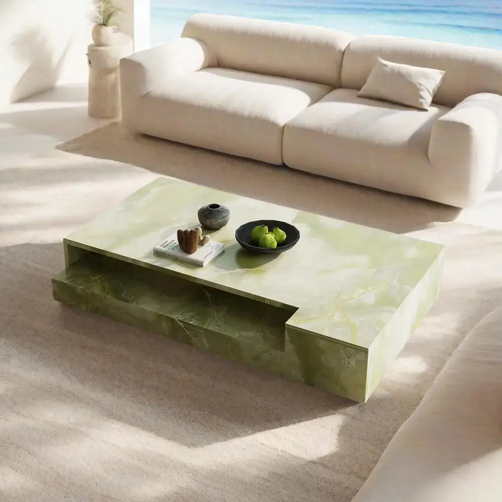 Rectangular Jade Marble Coffee Table Artistic Designer Luxury Stone Heat Scratch Resistant Natural Veining