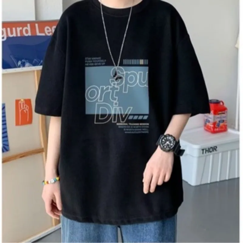 8XL Fitting Trendy New Blue Background With White Characters Print T-shirt with Soft Casual Men Versatile Couple Outfit