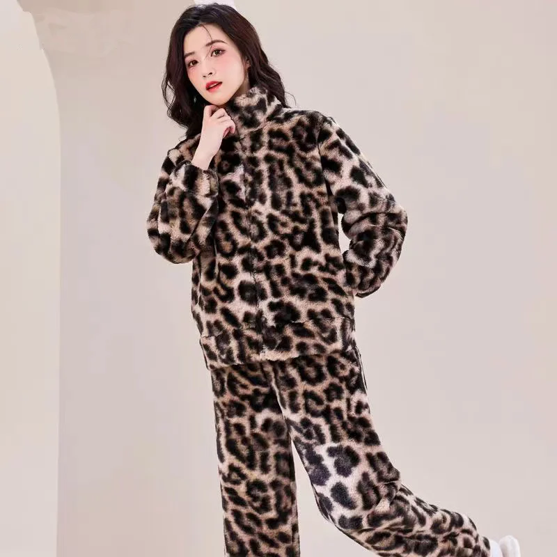 Autumn Winter Pajama Sets For Women Leopard Print Pyjamas 2 Pieces /Sets Long Sleeve Sleepwear Homewear Casual Pijamas image 2