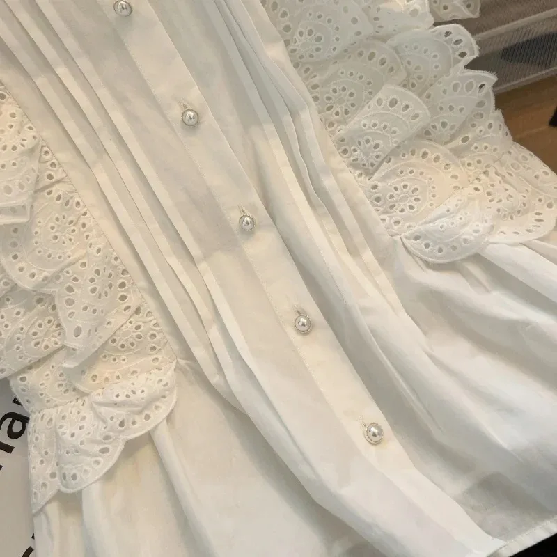 Women\'s Flying Sleeve Blouse, White Shirts, Vintage Sleeveless Ruffled Lace Tops, Elegant Casual Sweet Clothes, Summer, 27709