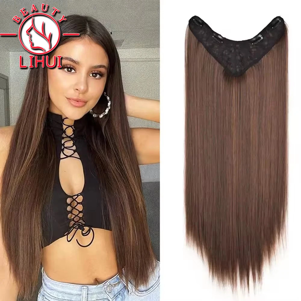 

Clip in Hair Extensions brown V Shape Silky Straight synthetic Hair Clip in Extensions One Piece Hairpieces with 4 Secure Clips