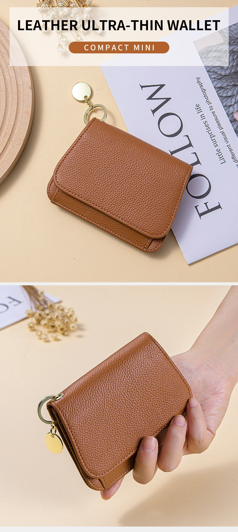 Slim Wallet for Women RFID Blocking Genuine Leather Ladies Keychain Wallet with Zipper Coin Pocket ID Window