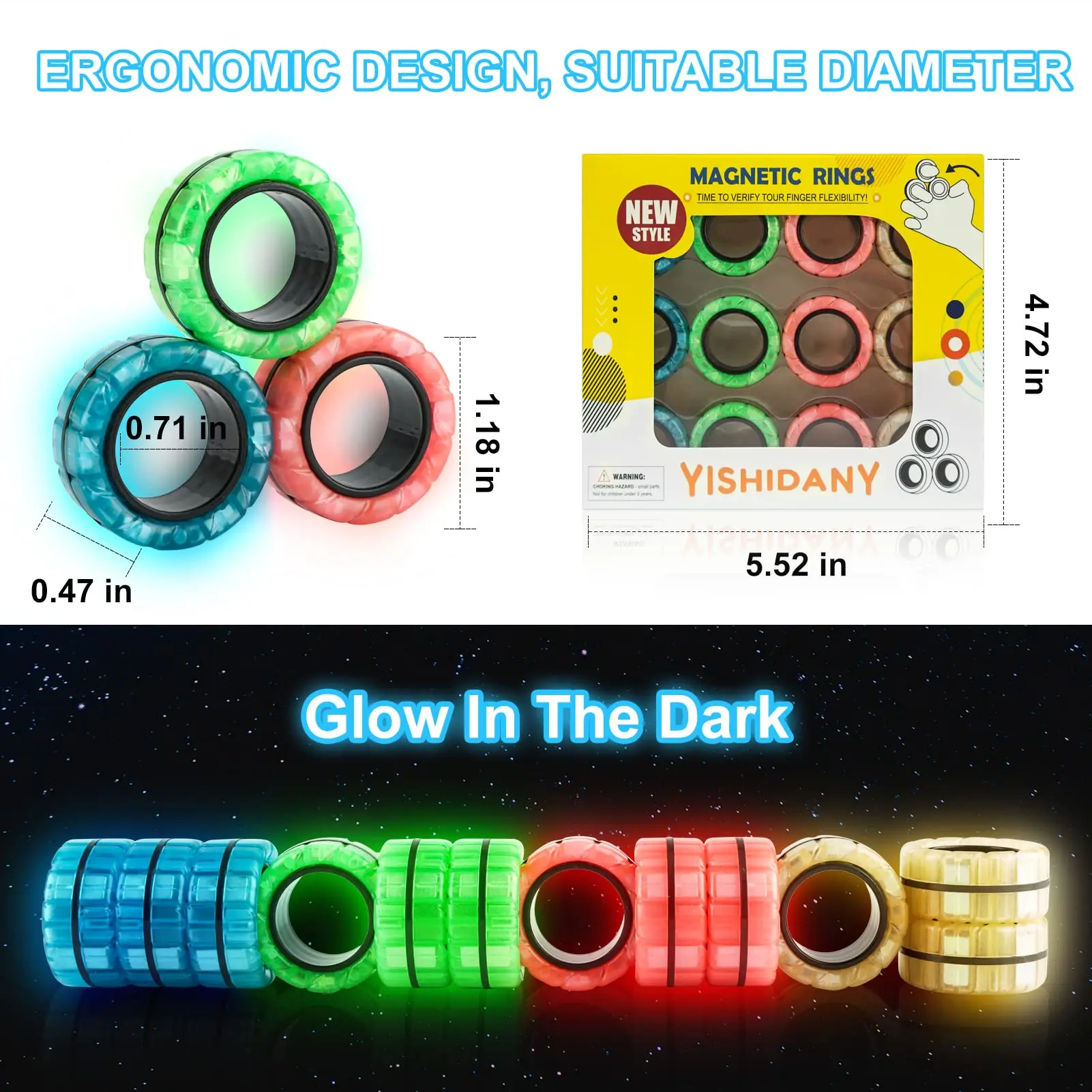 YISHIDANY 12Pcs Glow in Dark Magnetic Ring Fidget Spinner Toys Fingers Magnet ADHD Stress Relief for Adult Kids Anxiety