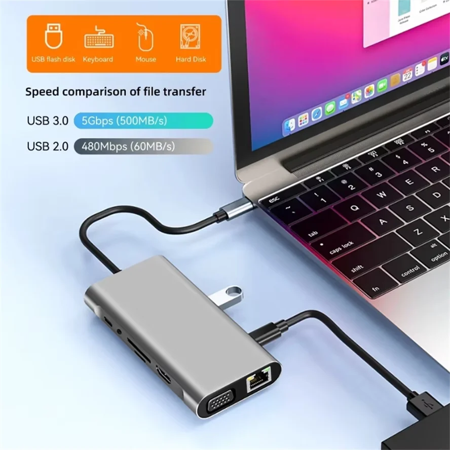 Type-Cドッキングステーション,USB 3.0ハブ,USB Cスプリッター,4K, HDMI, VGA, PD, RJ45,ラップトップ用100mネットワークアダプター,Macbook, 11 in 1