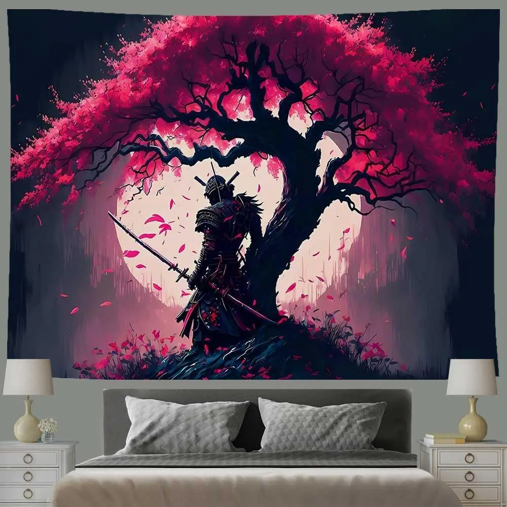 Tapiz samurái japonés para dormitorio, estética, luna llena, flor de cerezo, árbol, guerrero, arte de pared de habitación Oriental asiático, arte japonés para
