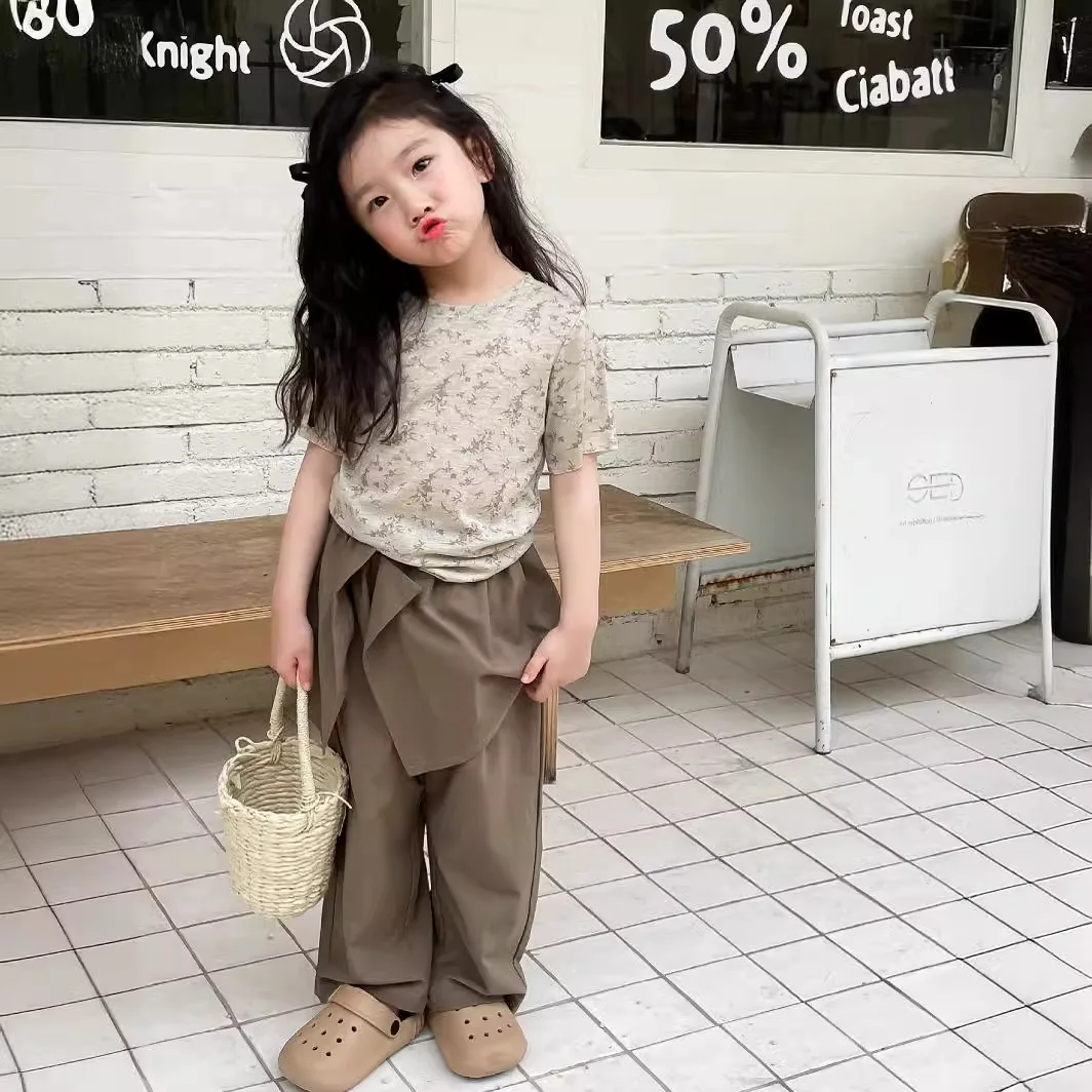 Kid Shirt Top Korean Children Clothing 2024 Summer New Girls Short-sleeved Floral Solid Color T Shirt Apricot Casual Shirt Top