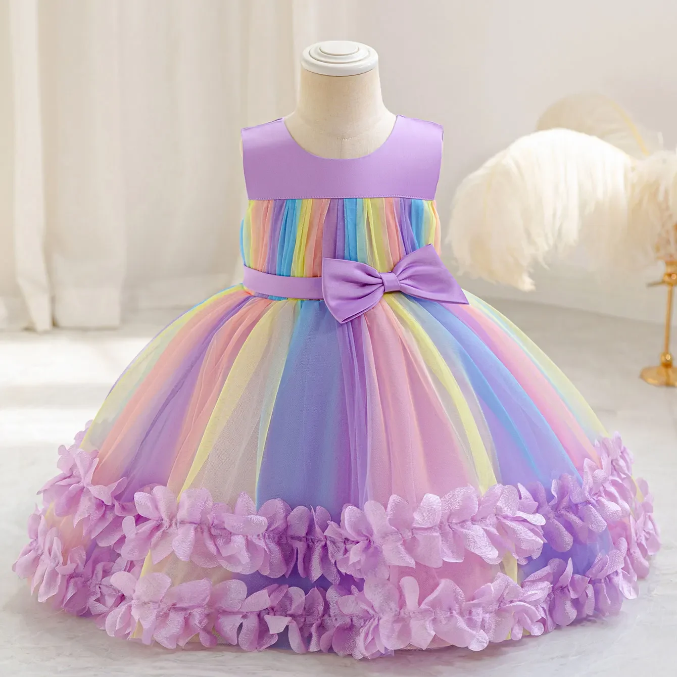 Rainbow Tulle Girl Kids Dress Toddler Baby Clothes Summer Children's Ball Gown for Birthday Party 1-5 Years