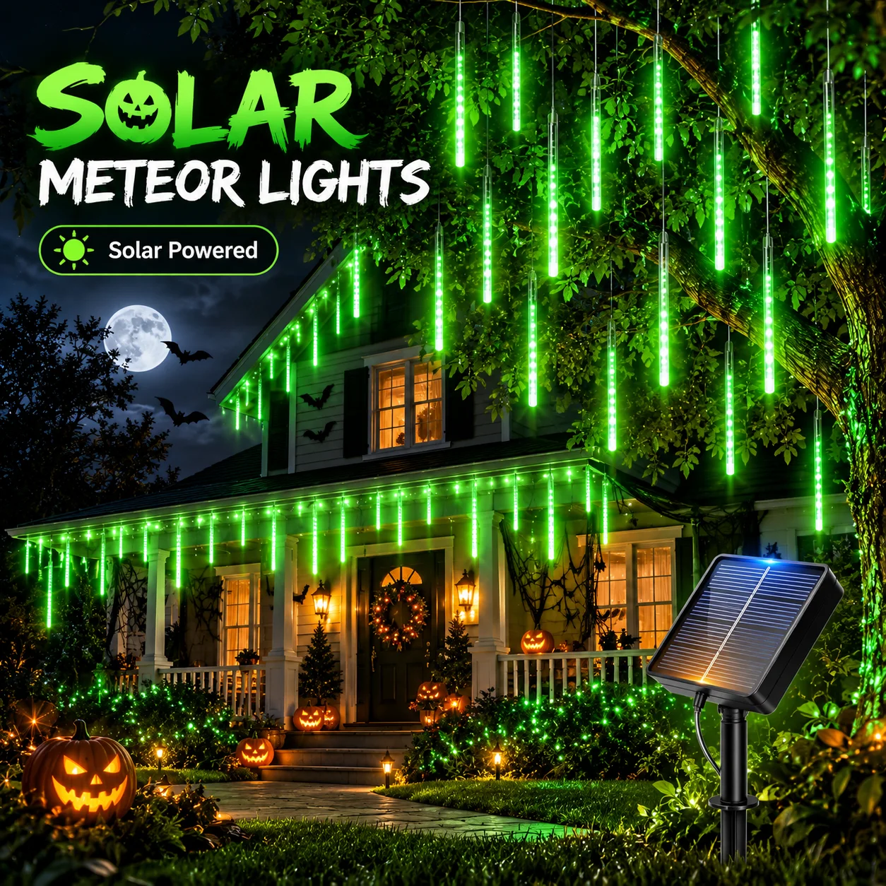 Halloween Meteor Shower Lights Solar Purple Falling Rain Tubes 8 Modes Auto On for Tree Garden Yard Patio Party Spooky Decor