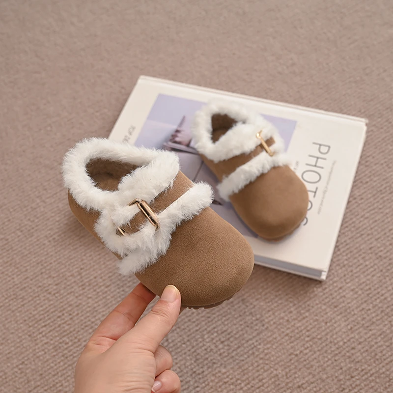 Toddler Kids Winter Furry Clog Shoes, Suede‑Look Warm Fleece Lined Adjustable Buckle Flat Casual Shoes