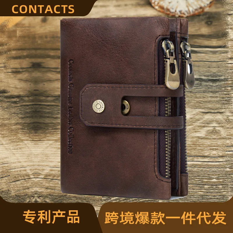 

Black European and American Fashion Double Zipper Cowhide Men's Wallet Retro Crazy Horse Leather Men's Bag Leisure