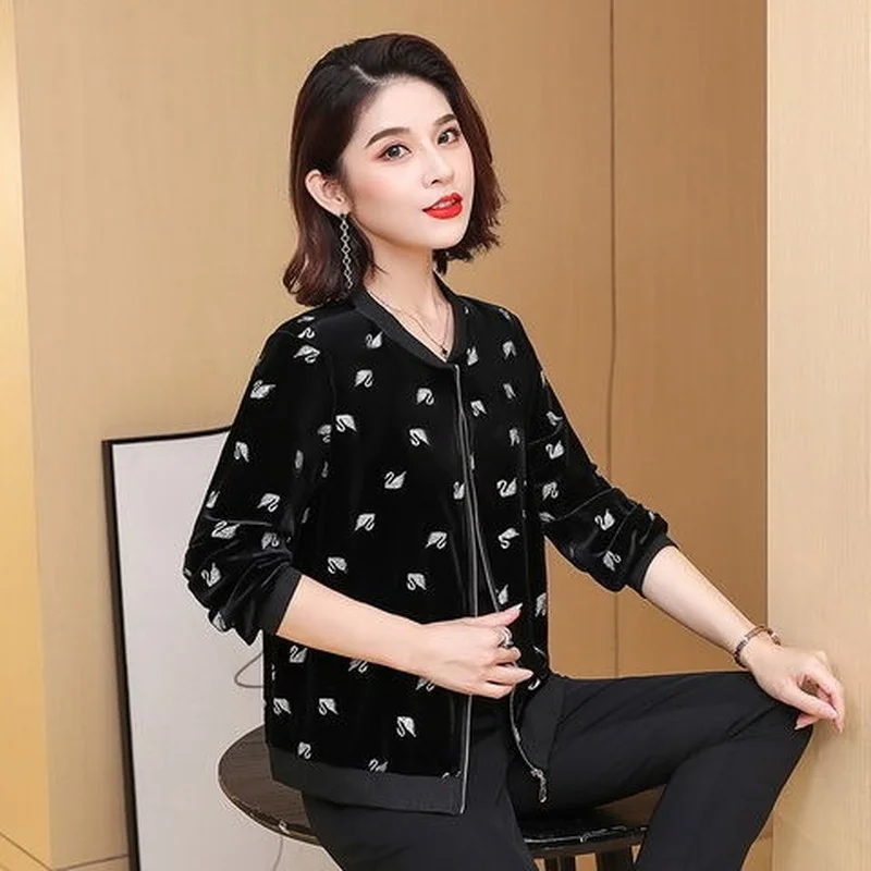 Spring and Autumn Fashion Lady New Gold Velvet Print Coat Top Women Casual Round Neck Long Sleeve Jacket Baseball Uniform Female