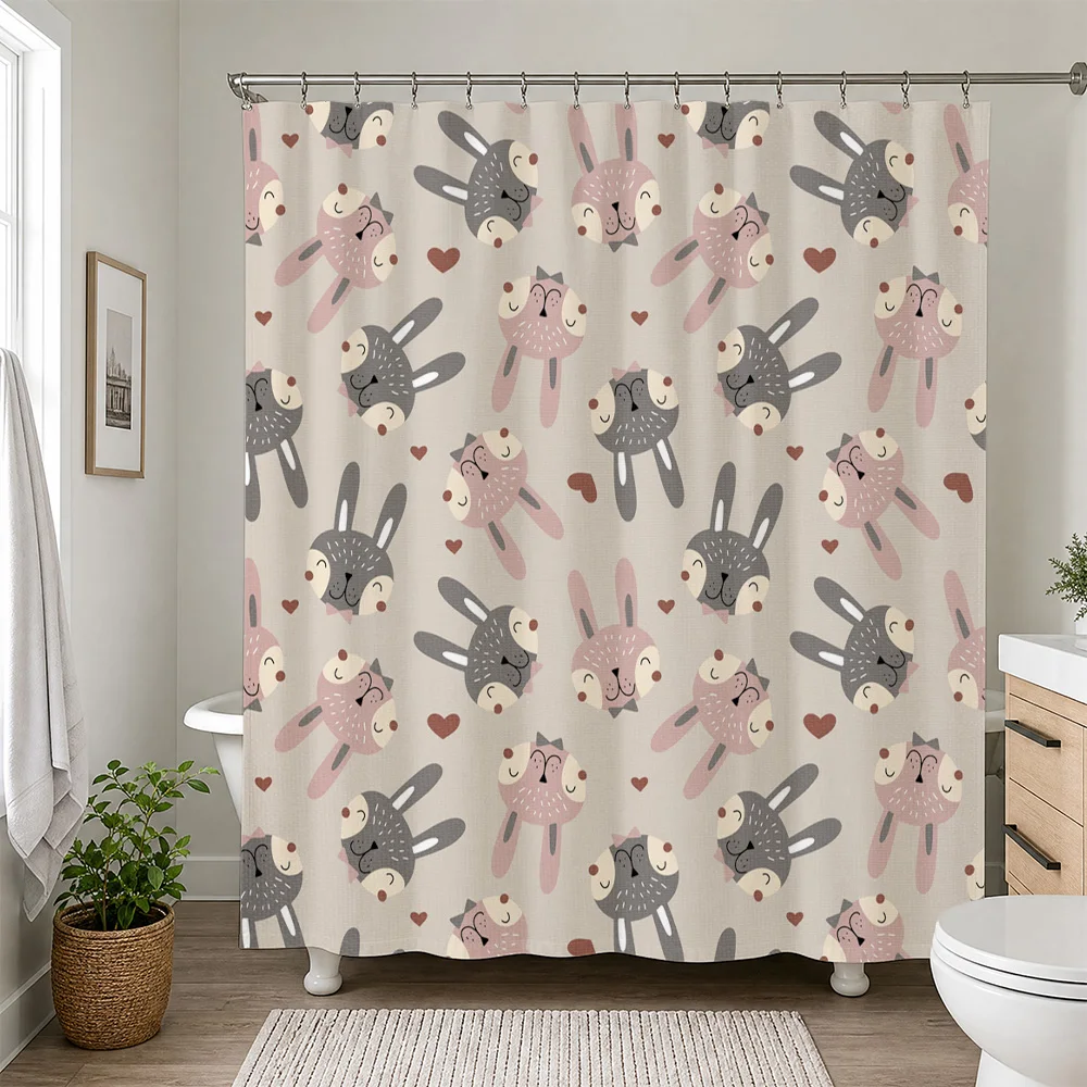 Cute Bunny Pattern Shower Curtain Waterproof Bath Liner Decor for Bathroom Home Decor Pink Grey Kids Kawaii Shower Curtain Curta