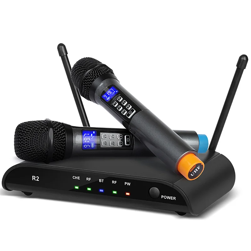 

Professional 2 Channels Wireless Microphone System Bluetooth Mic With 2 Handheld Mics For Karaoke Speech Church Show Meeting