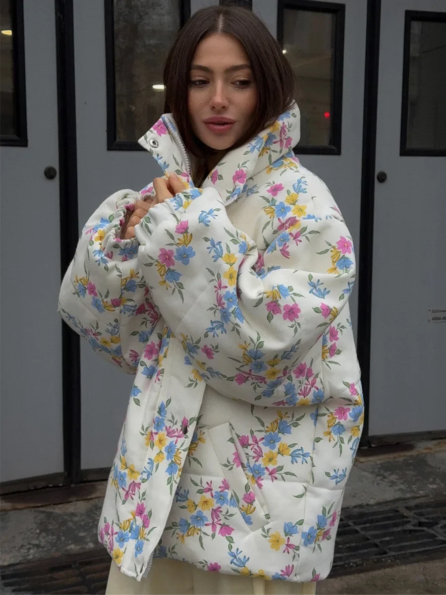 Wolfeel New Women's Puffer Jacket Oversized Stand Up Collar Zipper Closure Floral Print Warm Cotton Filled Coat Autumn Winter