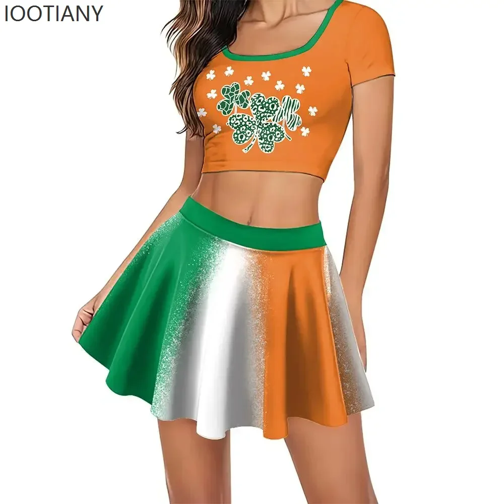 

CosplayNew Irish Festival Print Top Dress Set St. Patrick's Day Women's Green Lucky Cosplay Costume Sexy Student Holiday Party O