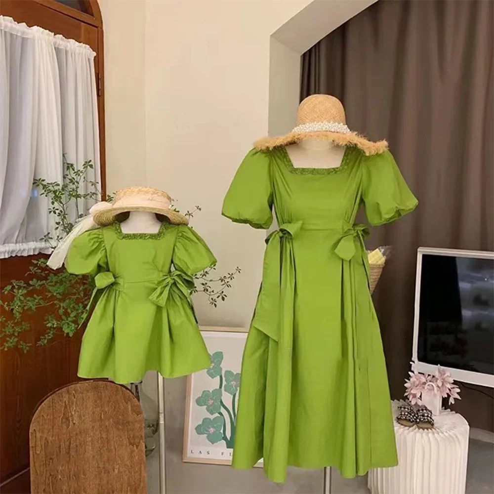 

Bear Leader 2024 Summer Parent-child Dress Casual Girls' Green Dress Mother And Daughter Bubble Sleeves Tie Up Princess Dress