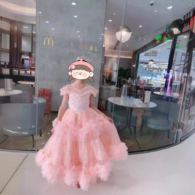 

Pink Girl's Dress Children's Birthday Princess Puffy Dress Flower Girl Host Off-Shoulder High-End Piano Performance