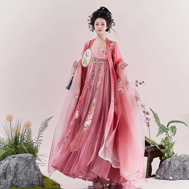 

Pink Summer Tang Dynasty Heavy Industry Embroidery Big Sleeve Shirt Chest Платье Ханьфу Chebule Skirt Chinese Women Hanfu Set