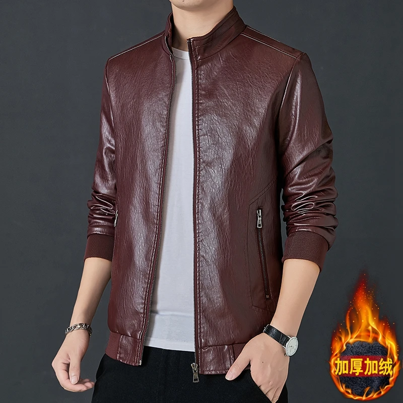 Winter Fleece Leather jacket for Men Faux Warm Suede Fashion Stand Collar Motorcycle Coat Male