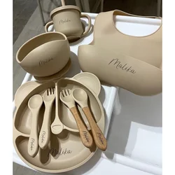 Customized Logo Name Baby Silicone Dish Feeding Set Suction Cup Engrave Personalize Bowl Divided Plate Kid Cute Eating Tableware
